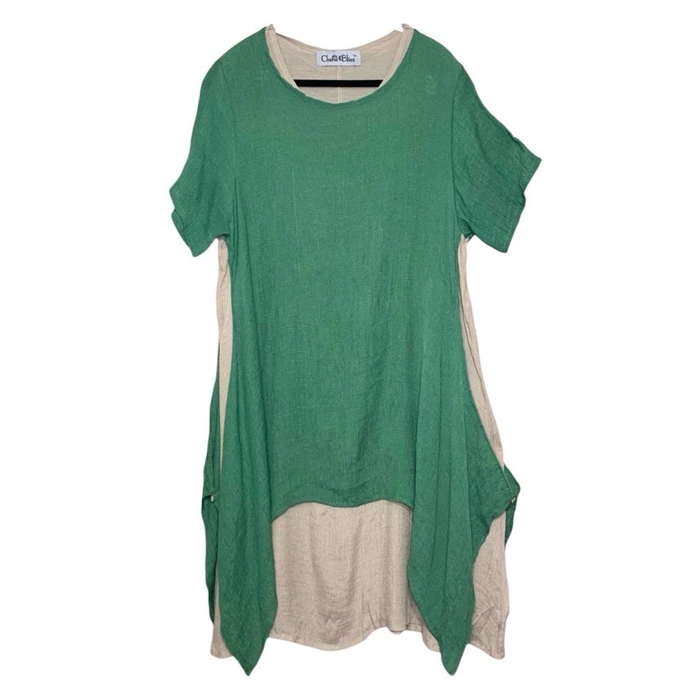 Cherie Bliss Green Tan Layered Dress Sz M Crinkled Asymmetrical Hem Lagenlook